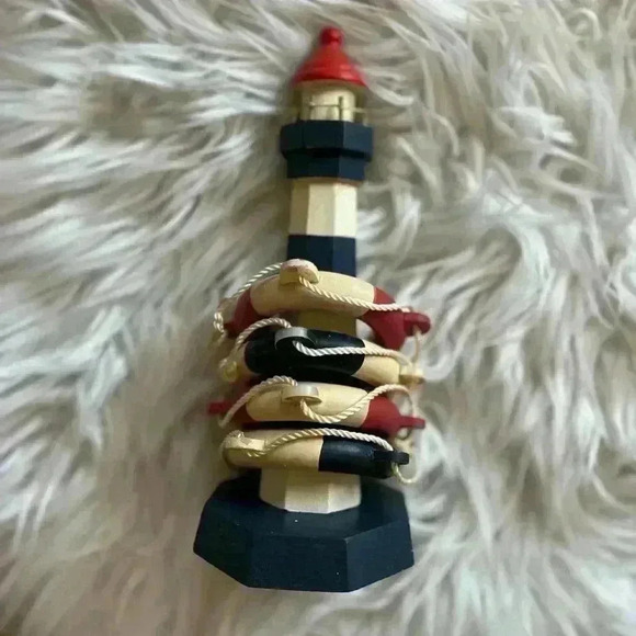 Vintage Wooden Lighthouse with Nautical Lifebuoy Rings – Coastal Decor - Picture 2 of 6